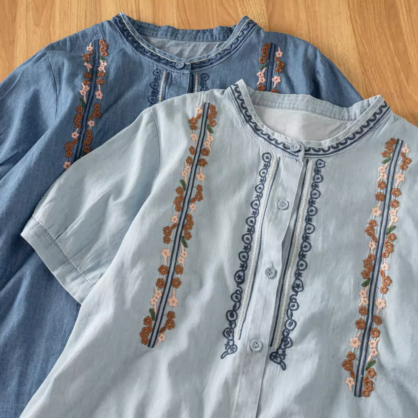 

Mexican style vintage handmade embroider denim shirts and blouses for women retro blue soft denim tops jean shirts