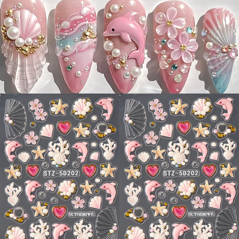 5D Embossed Ocean-Themed Nail Stickers - Pink Dolphin, Starfish, Shells Design Self-Adhesive Nail Decals for Summer Nail Decor
