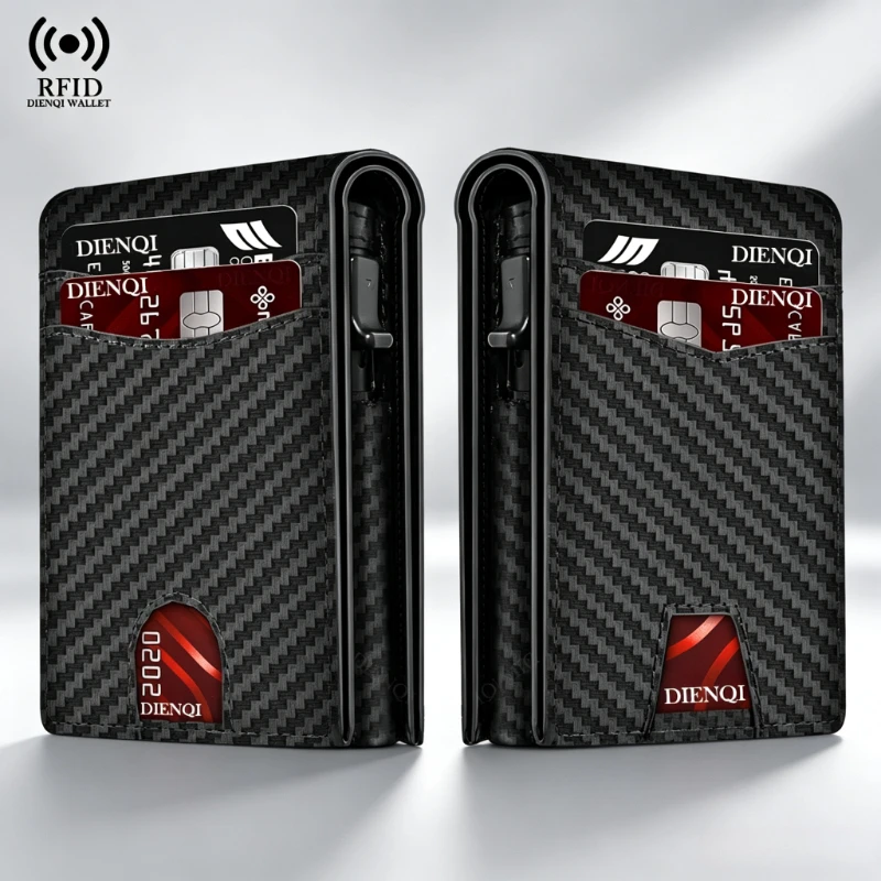 Men's RFID Blocking Wallet Slim Pop-Up Credit Card Holder Carbon Fiber Pattern Business Purse Minimalist Card Wallet for Men