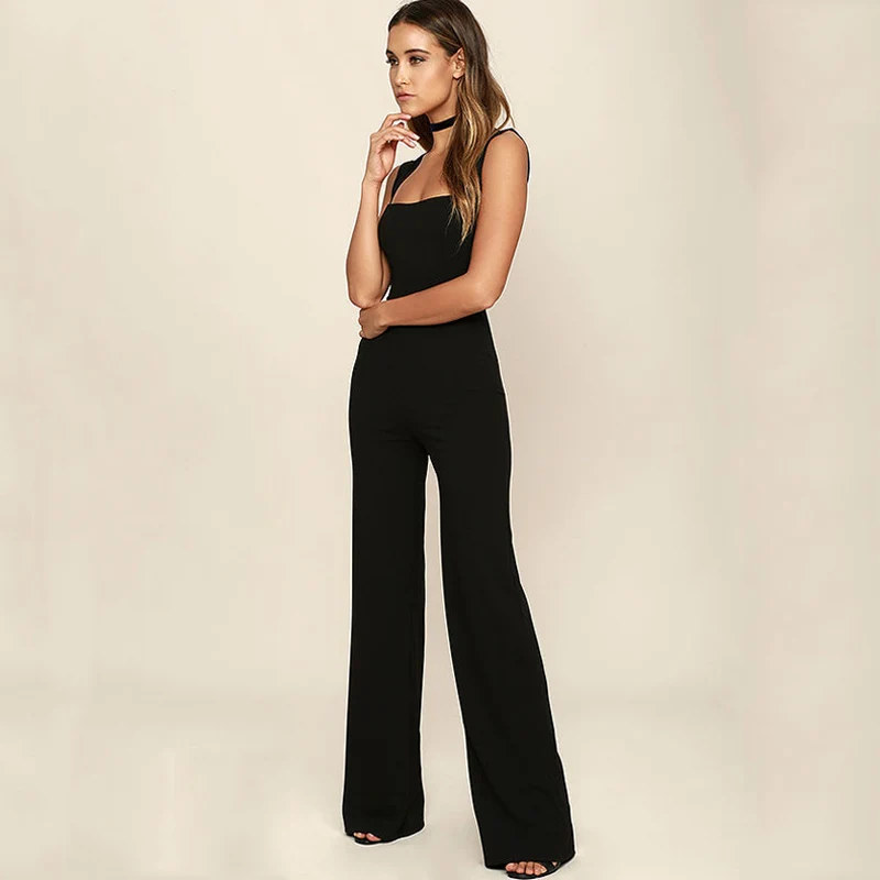 

Summer Women High Waist Square Collar Long Jumpsuits Sexy Sleeveless Black Romper Jumpsuit New Indie Offical Lady Slim Jumpsuit