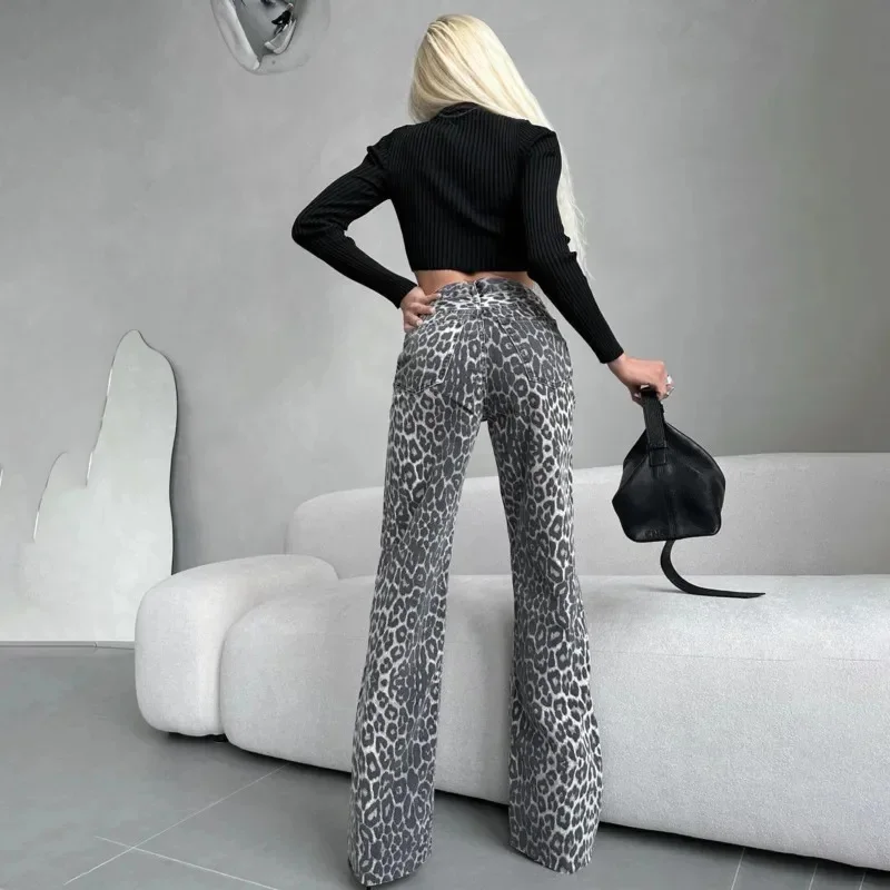 American Leopard Print High Waist Flared Jeans Women 2024 Spring New Retro Street Fashion Washed Straight Pants Y2K Streetwears