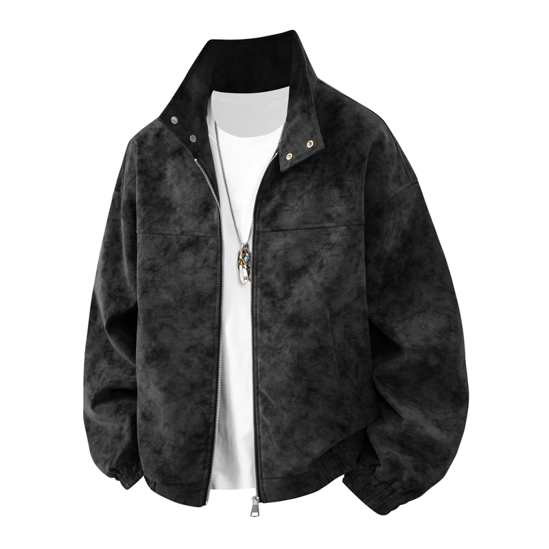 

Men's Oversized Faux Suede Stand-Collar Jacket - Zip Closure with Metal Buttons, Versatile for Street Style & Office Commute