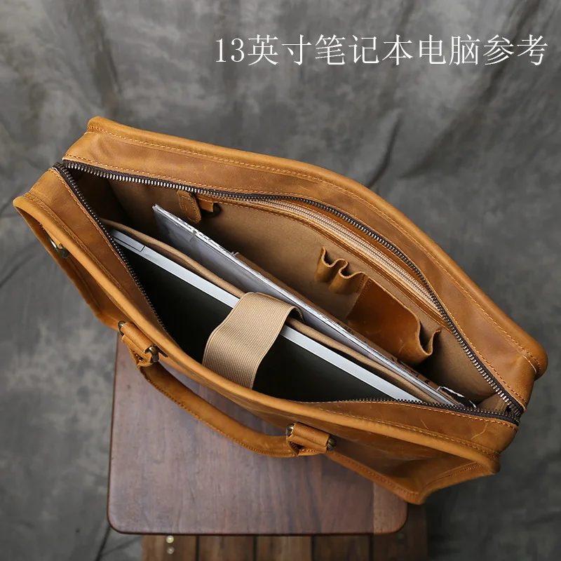 Tas Tangan Kulit Sapi Lapisan Atas Retro Tas Kerja Kulit Asli Sederhana Tas Komputer Buatan Tangan Kulit Kuda Gila Kapasitas Besar