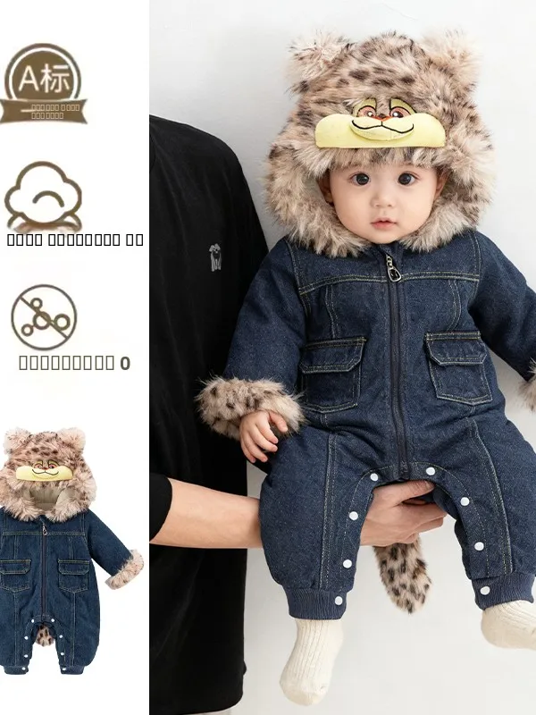 

Thiened Winter Overalls for Babies Boys Cute Outfit Warm Denim Faionable Outgoing Clothes Long Sve Zipper Closure Cotton
