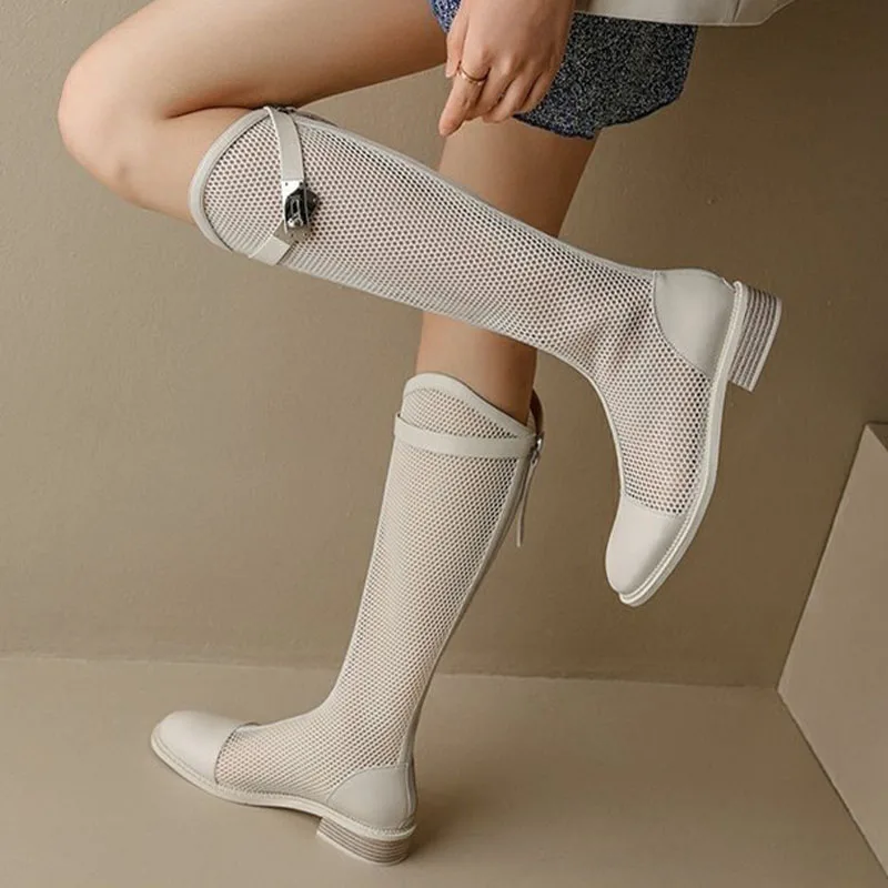 2024 Summer Women Knee-high Mesh Bota mouth Breathable Net Knight Boots Thick Bottom Hollow Shoes Chunky Low Heel Femininos