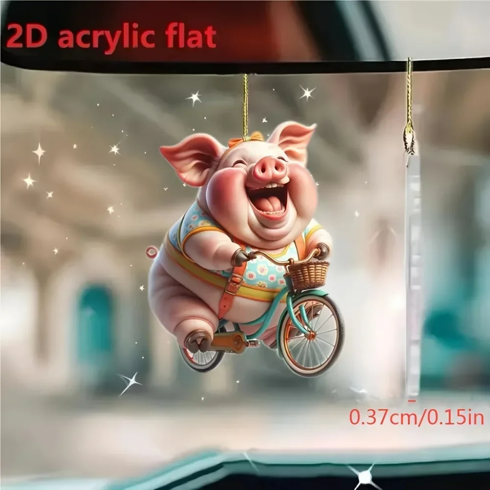 Jolly Pig on Bicycle Pendant Ornament,Unique Piggy 2D Flat Acrylic Versatile Charm,Decor for Car Mirror,Bags,Festive,Party,Gift