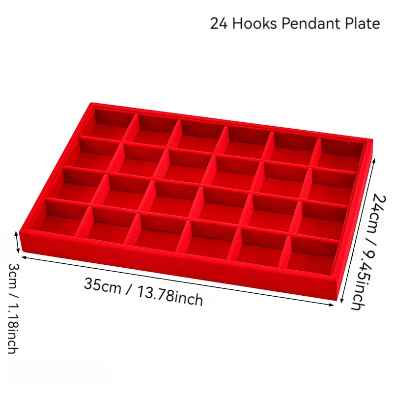 Red Velvet Multi-Hook Jewelry Tray, Large Capacity