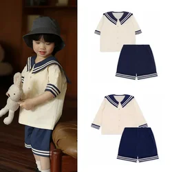 Spring Summer Baby Boy Girl Clothes Sets Sailor Collar Soft Cotton Fashion Baby Navy Uniform Baby Costume