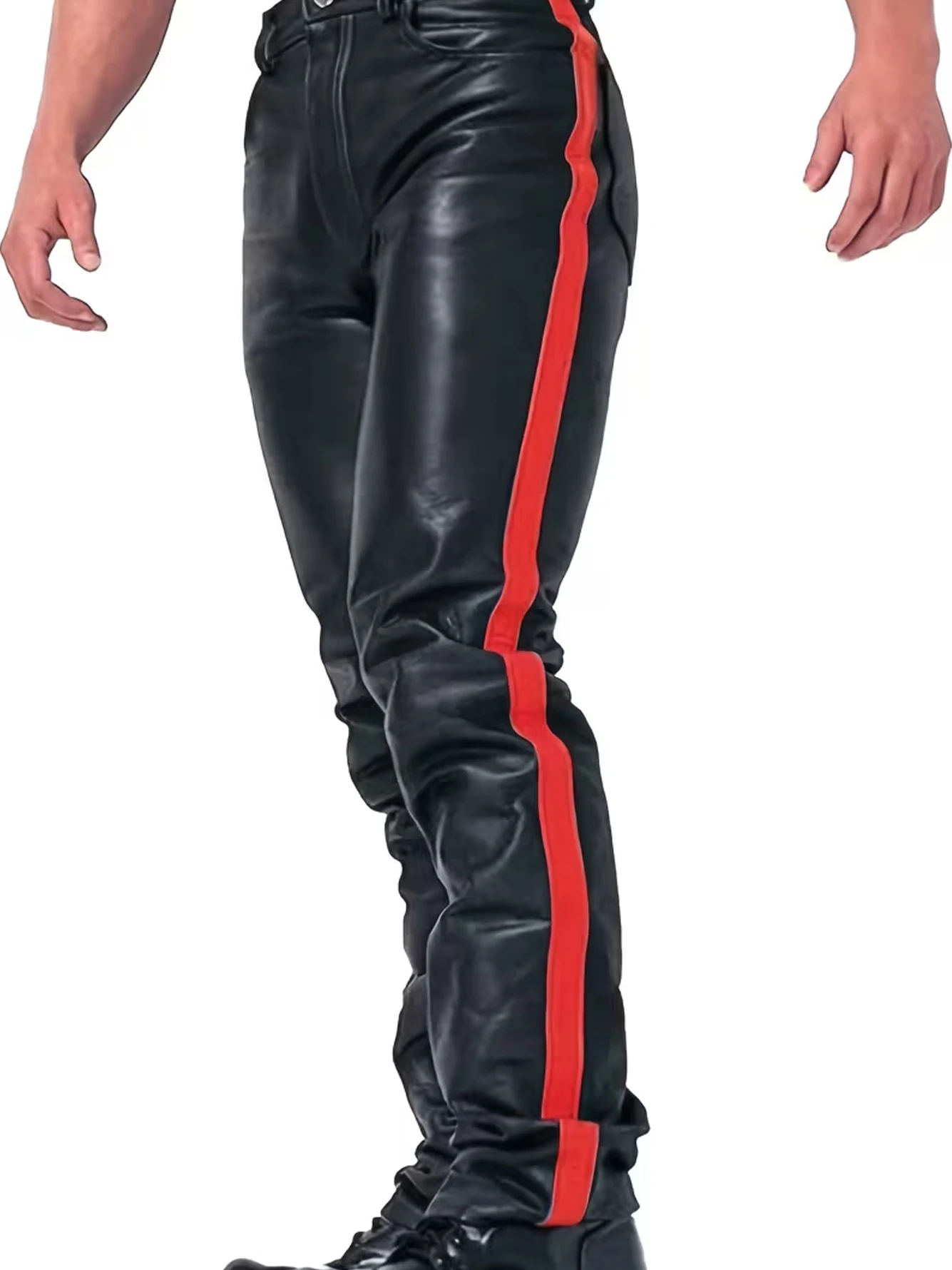 Men's Full-Length Motorcycle Biker Pants - Stretchy PU Leather with Color-Block Patchwork Cone-Shaped Slim Fit for Winter/Aut