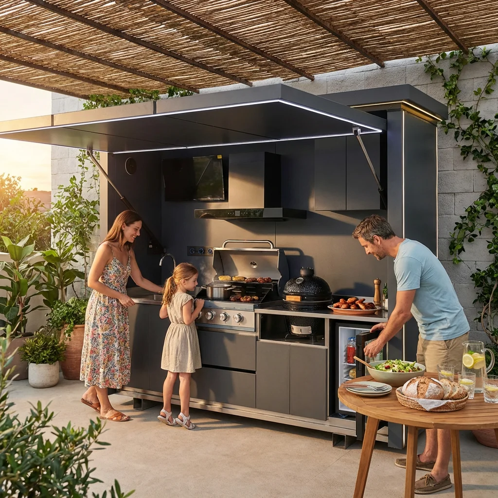 High Quality Enclosed Weatherproof Modular Outdoor Kitchen Hut With BBQ Grill And Sink For Patio Garden Barbecue Gathering
