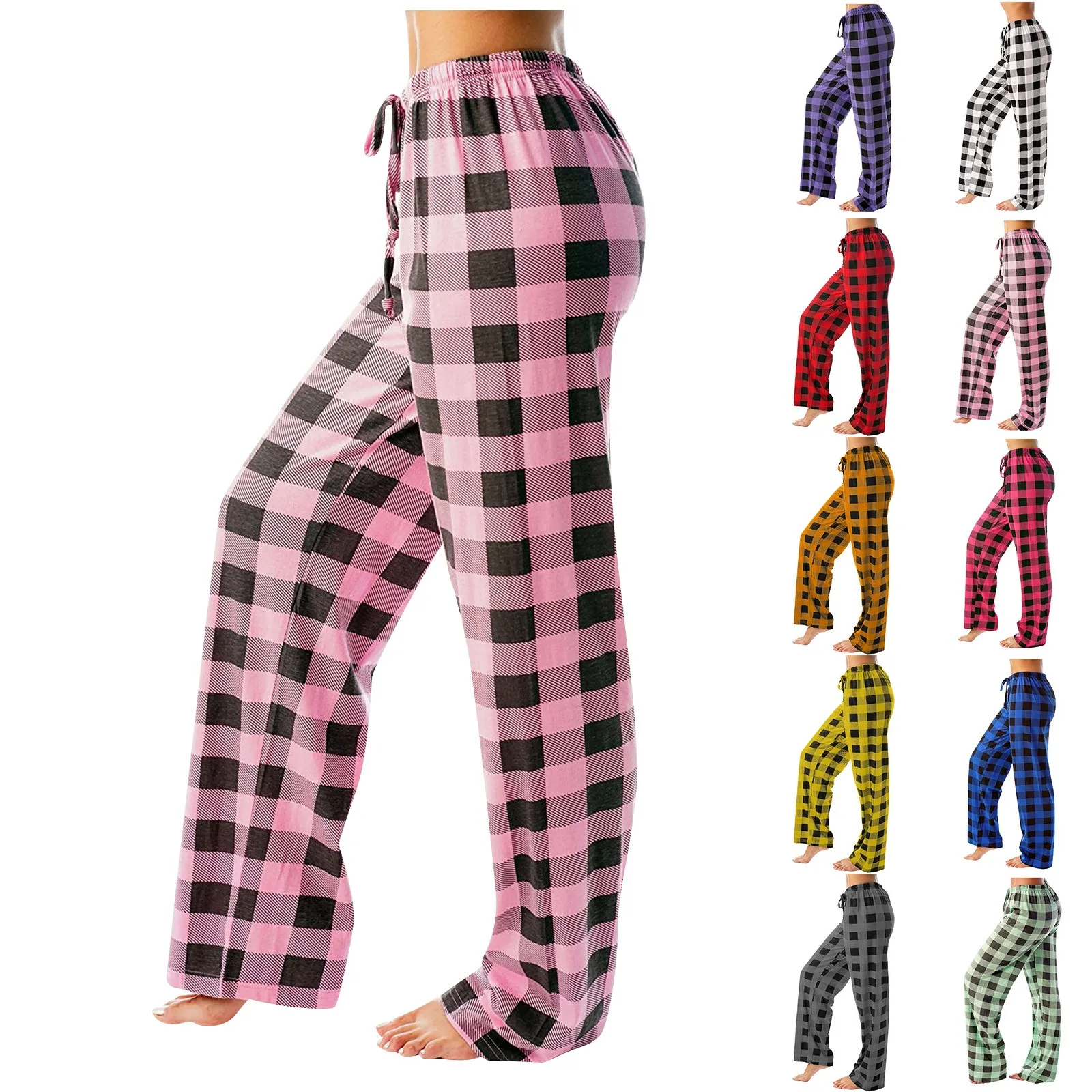 

Women's Classic Fashion Plaid Sleepwear Wide Leg Pants High Waist Casual Loose Thin Comfy Trousers Homewear