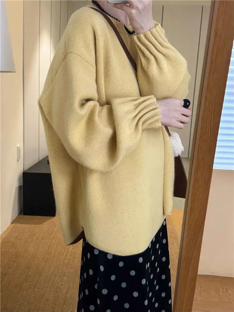 Korean Design Lantern Sve Thiened Knitted Sweater round Ne Loose Women's Autumn Winter Faionable All-Match Top