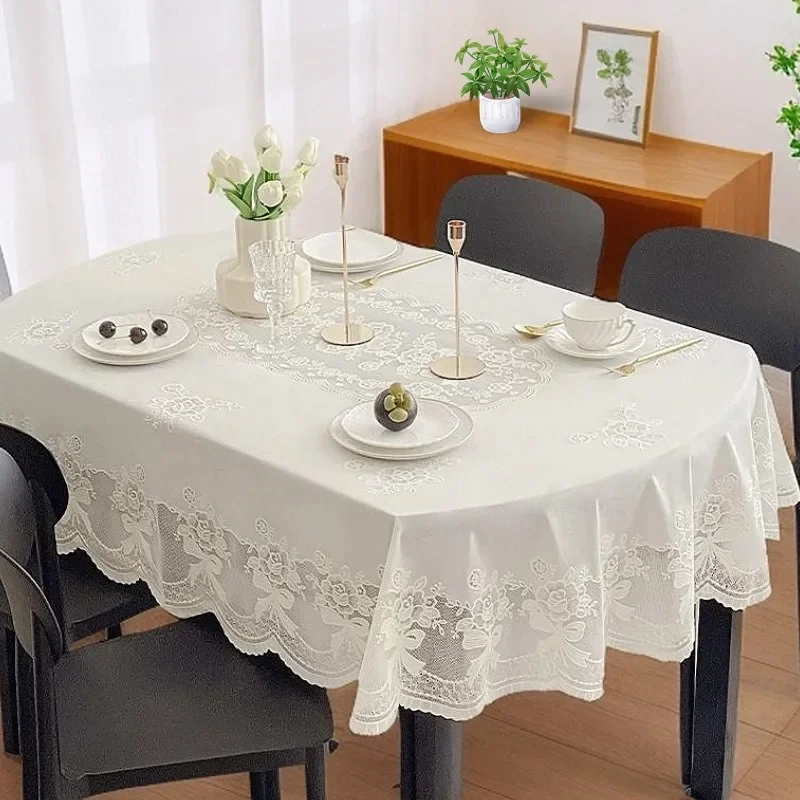 Elegant Off-White Bow Pvc Tablecloth Rectangular Waterproof Oil-Proof Coffee Table Cover Romantic Lace Home Textile for Dining