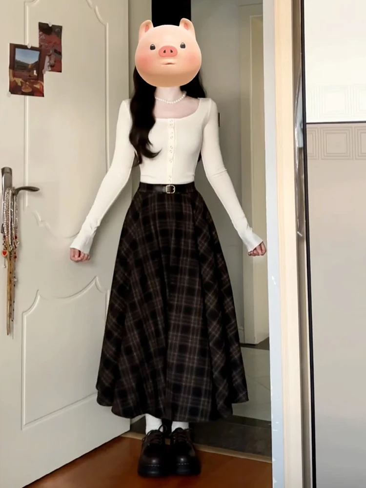 

Korean Sle High Waist Plaid Skirt Women's Autumn Winter New Small Size Ele Long Skirt Slimming A-Line Skirt