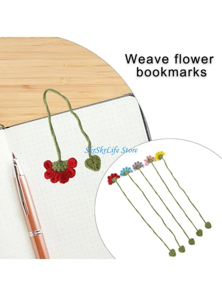 

E65E 5Pcs Handmade Knit Flower Bookmarks Book Page Marker Crochet Floral Bookmarks Reading Aid for Book Lover Reader Student