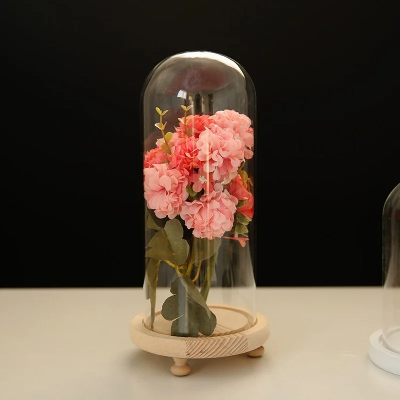 Glass Dome Wooden Base Container Tabletop Display Glass Cover Dry Flower Ornaments Craft Dust Bell Jar Terrarium Landscape Vase