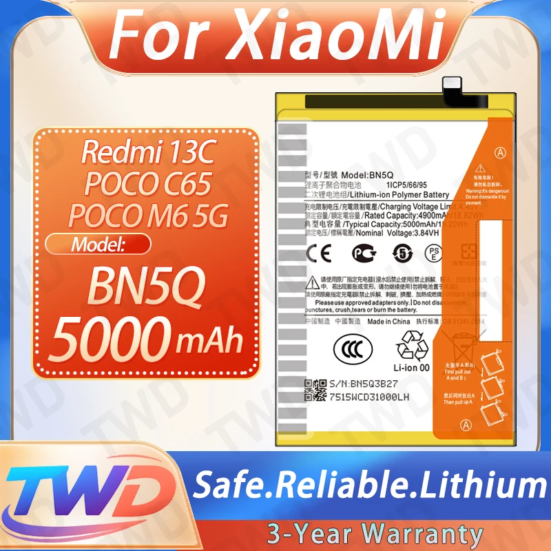 

BN5Q 5000mAh Battery For Xiaomi Redmi 13C / POCO C65 / POCO M6 5G High Quality Lithium Power +Free Tools