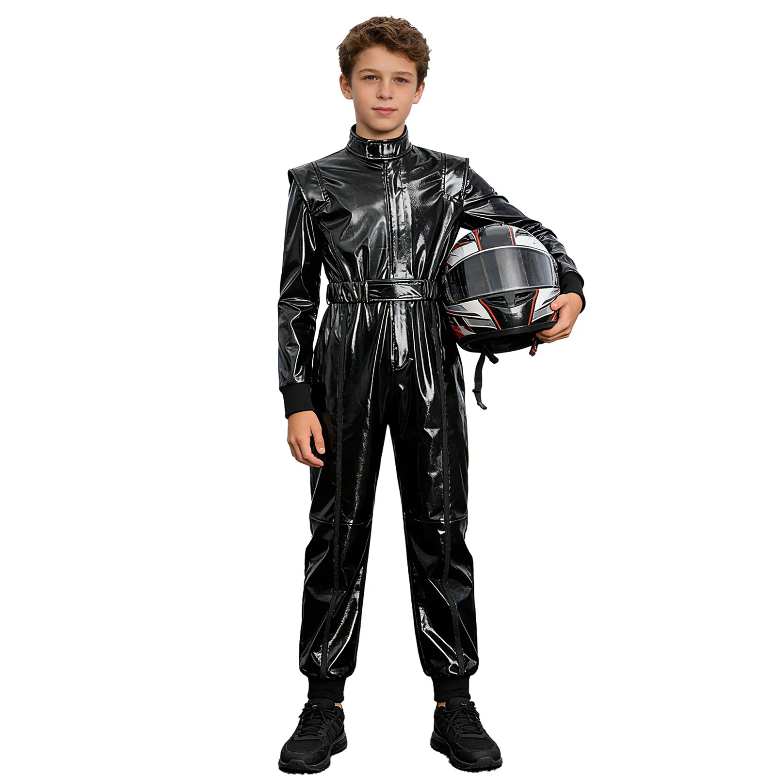 

Motorcycle Driver Racing Cosplay Performance Jumpsuit Long Sleeve Metallic Bodysuit with Hook-and-Loop Elastic Belt for Matches