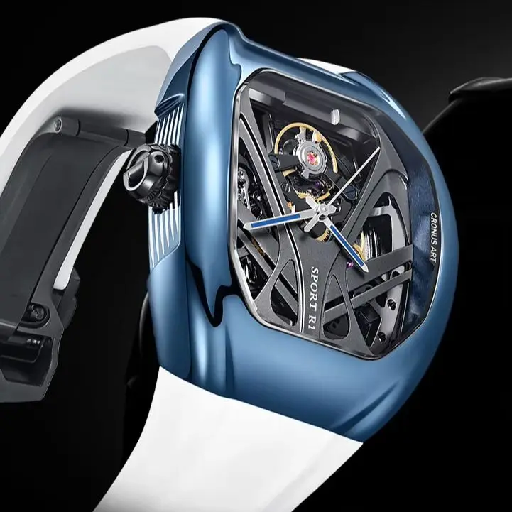 

CRONUSART мужские автоматические часы 49 мм * 42 мм Tonneau механические наручные часы скелетон фторкаучуковый ремешок складная скрытая ручка с короной