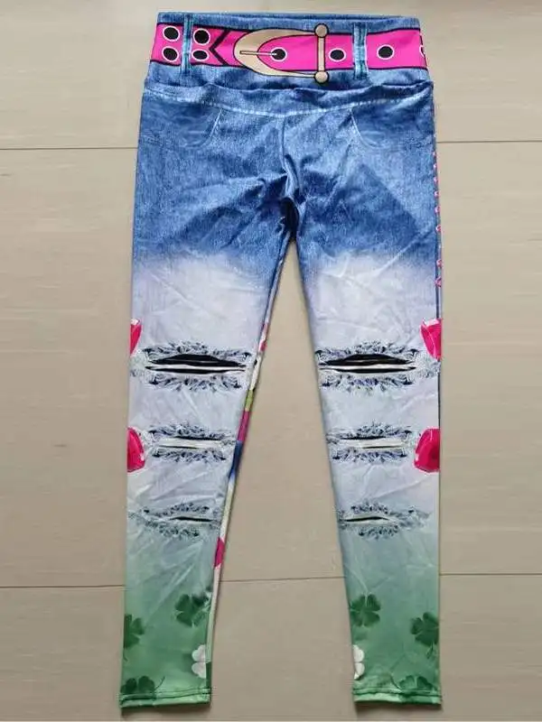 Denim Printed High-Waist Street Sle Yoga Pants Women's Nude Feel Casual Nine-Length Penetrating Thiened Summer Faion