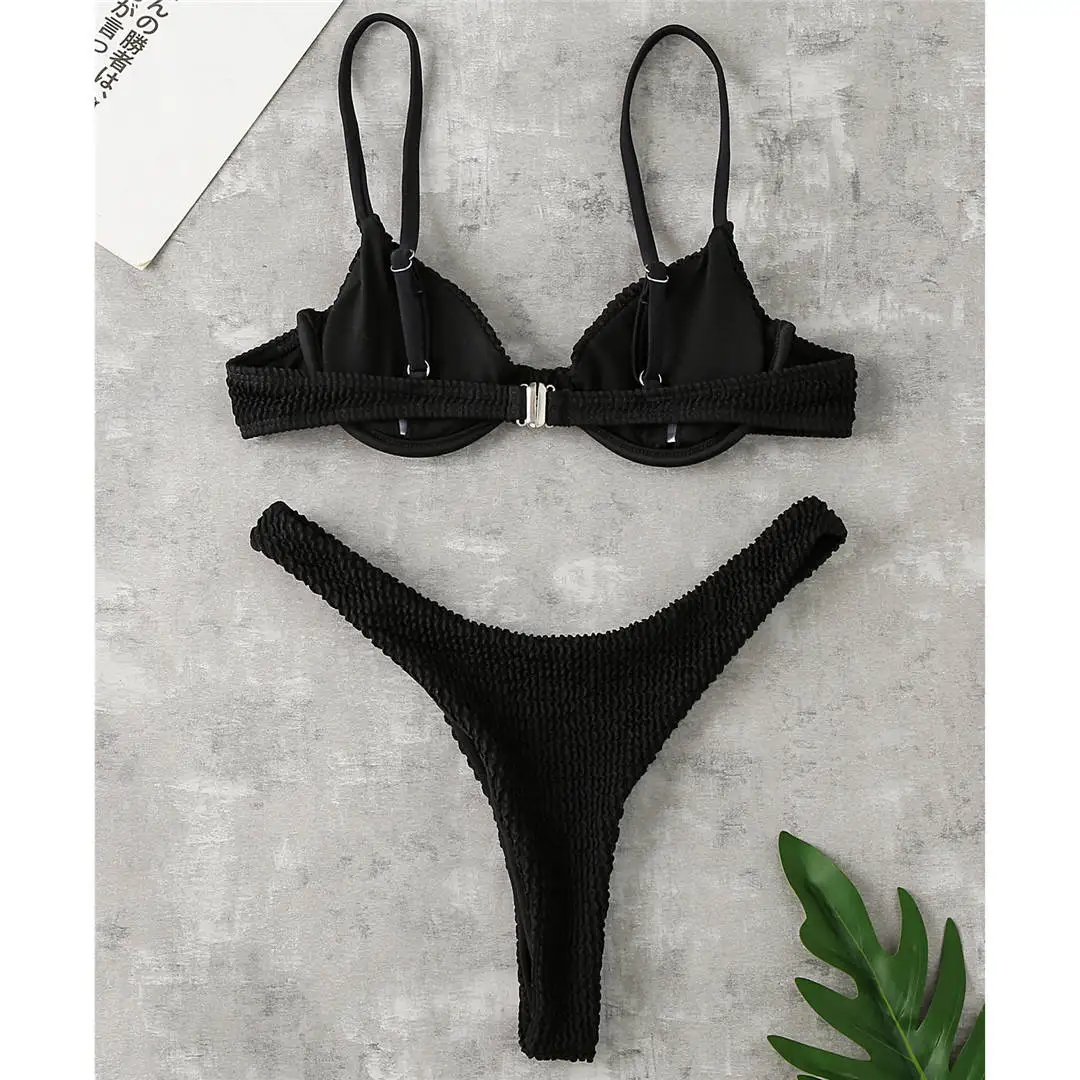 Gerippter, hoch geschnittener Bikini-Badeanzug mit Bügel, Damen-Badebekleidung, zweiteiliges Bikini-Set, String-Badeanzug, Badeanzug, Schwimmanzug V2697SW – Detail 38