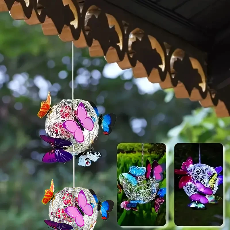 Colorful Butterfly Solar Globe Light Hanging Outdoor Lantern Vibrant Butterfly Floral Design Solar Powered Garden Patio Decor
