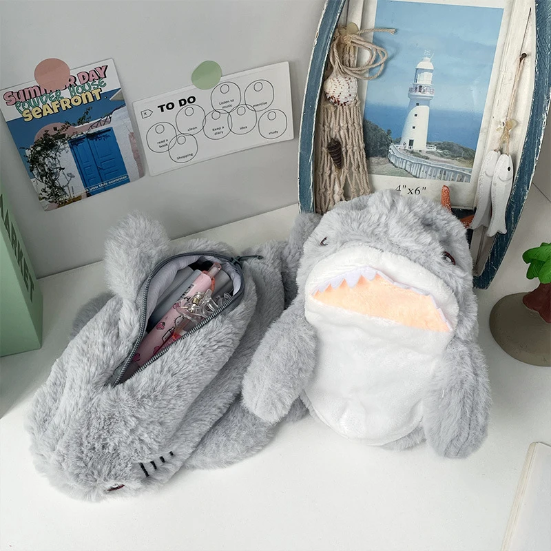 Cute Plush Ocean Shark Pencil Case Cosmetic Bag Portable Large Capacity Pen Pouch Stationery Storage Box School Office Supplies