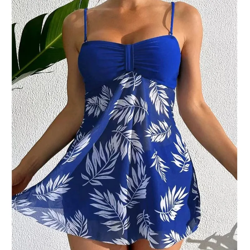 Women's Tankini Set Fashion Printed Suspender Tube Top Short Dress and Shorts Split Swimsuit Beach Swimwear