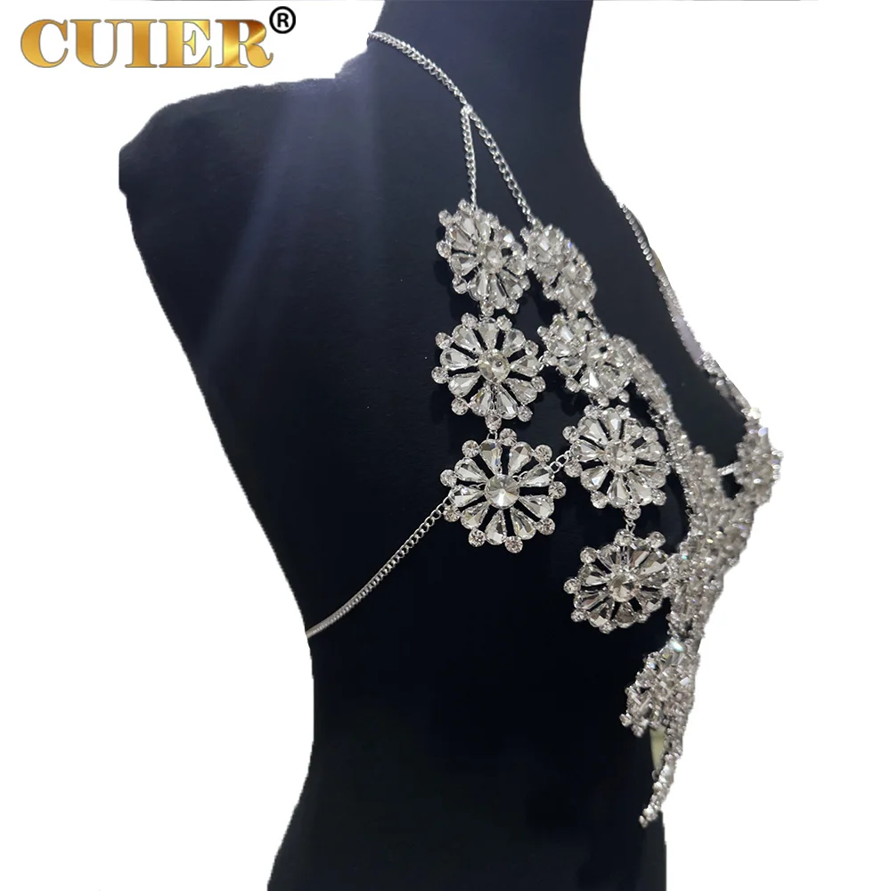 CUIER Weight 300g Crystal Flower Rhinestone Tops for Women Backless Sexy Body Chain Jewelry Bar Party Girls Dress Accessories