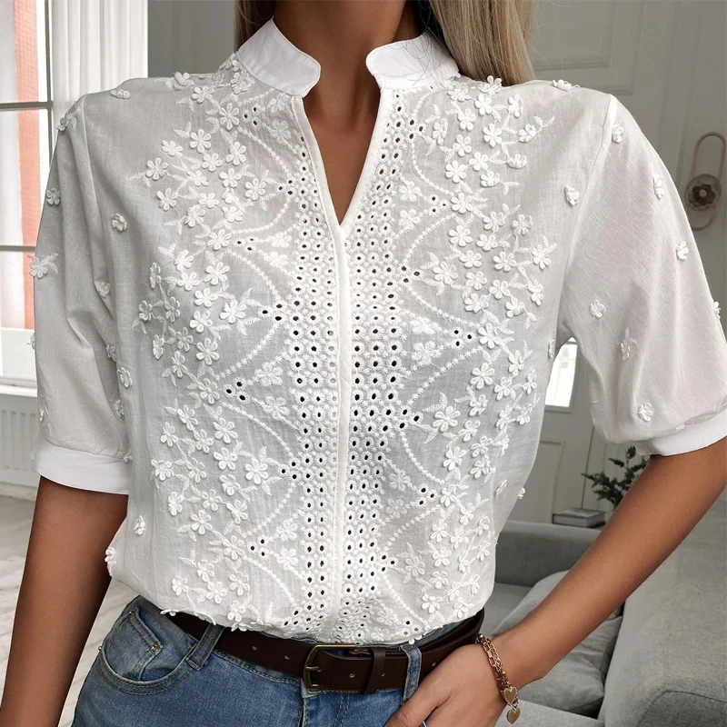 Summer Crochet Hollow Blouse Elegant V-neck Lantern Short Sleeve White Shirt Vintage Tops Fashion Cotton Female Clothes 24350