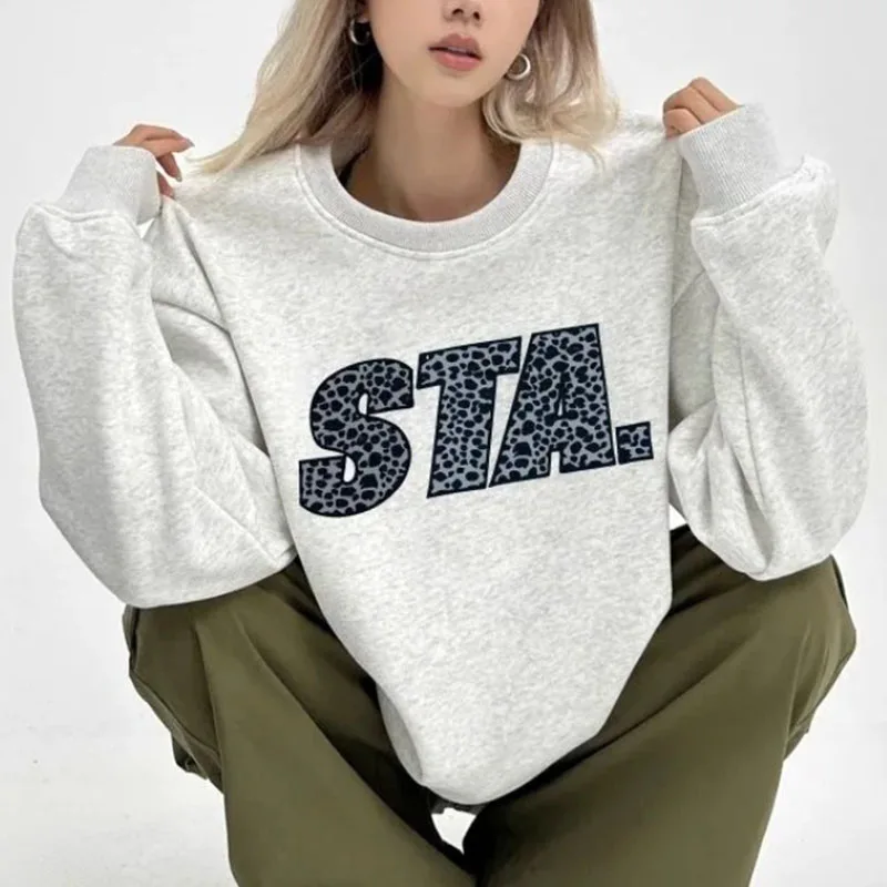 가을 겨울 국가 패션 상의 남녀 커플용 미국 레오파드 프린트 헤비 라운드 넥 스웨트셔츠