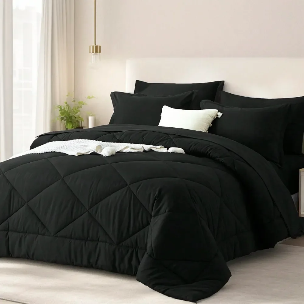 7 Piece Solid Color Bed Comforter Set Queen, Creative Geometric Pattern Design, Soft And Comfortable Summer Bedding Set.Bed In A