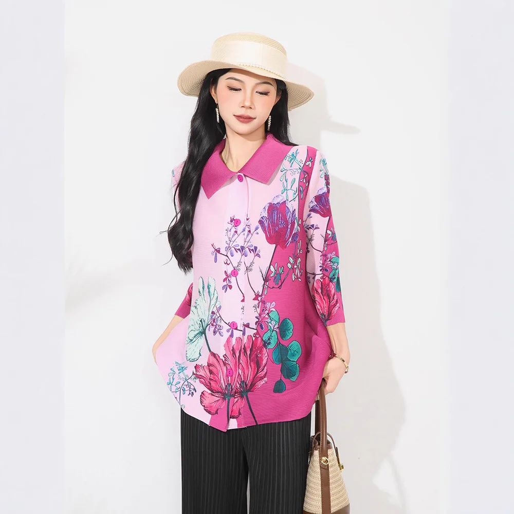 

Miyake Tops with A Quarter-sleeved Spring and Autumn New Design Niche Shirt with Loose Lapels and Slim Printed Pleated Cardigan
