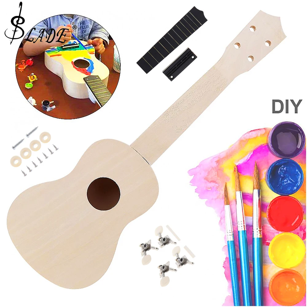 21Inch DIY Ukulele Kit Small Hawaii Guitar Handwork Painting Assemble Instrument Toy Family Kindergarten Kids Educate Accessory