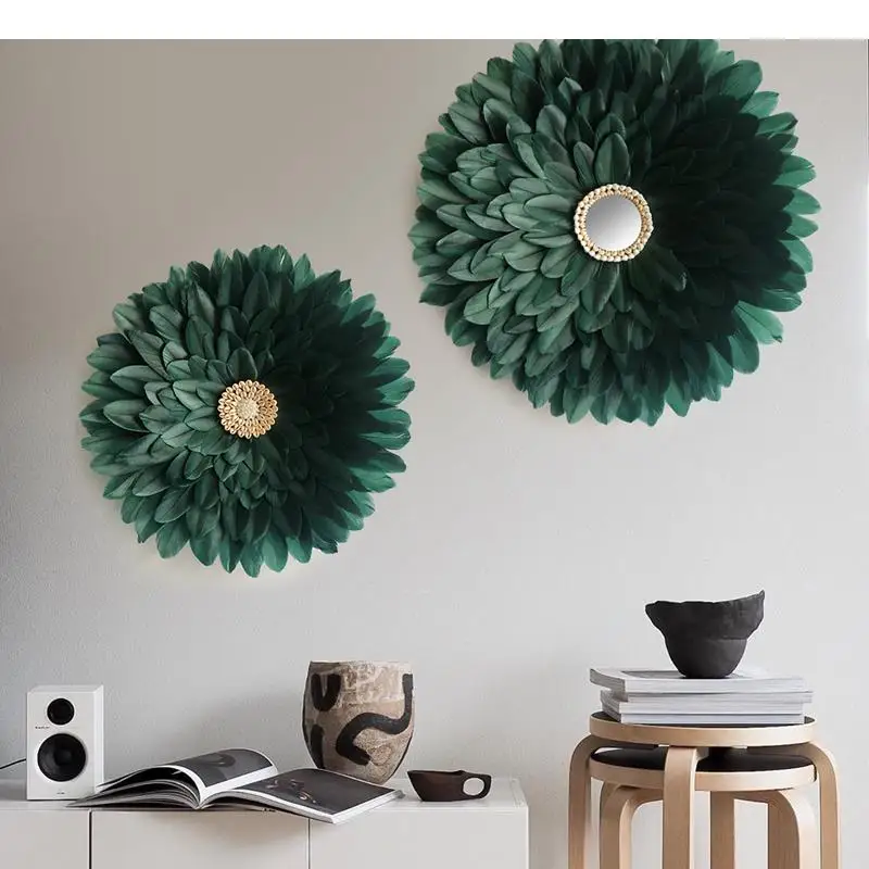 

Green Flower Wall Ornaments Natural Feather Straw Crafts Hanging Pictures Aesthetic Room Decor Backdrop Display Flowers Pendants