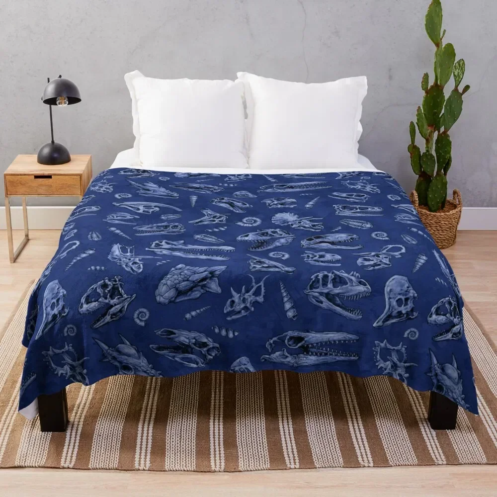 

Dinosaur skull sketch tiled pattern blue Throw Blanket Camping christmas gifts Designers Soft Beds Blankets