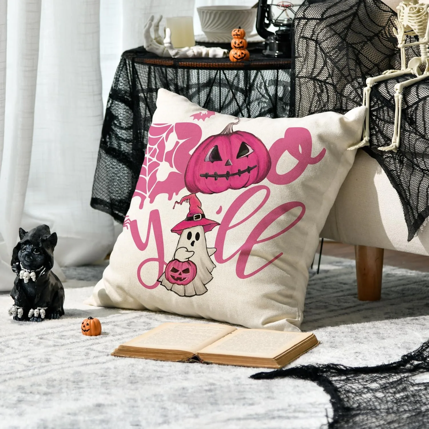 أكياس وسائد الهالوين المطبوعة باللون الوردي: أشباح مخيف، قرع وهيا نحصل على غطاء وسادة أريكة بتصميمات مخيفة، هدية #5