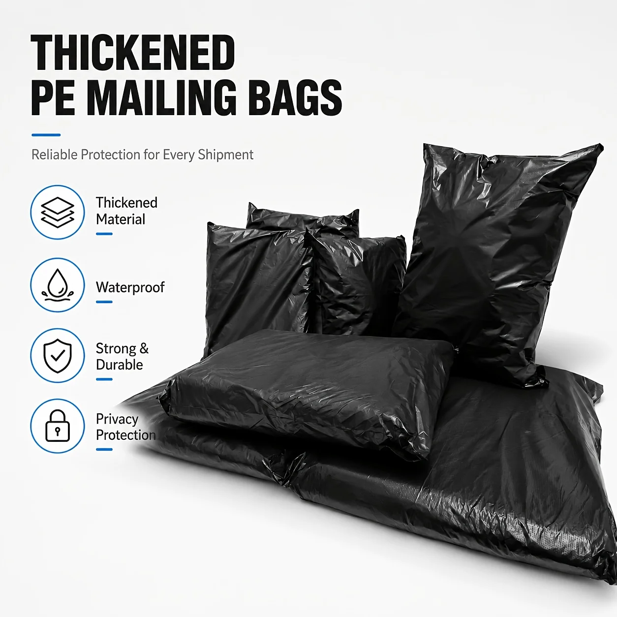 70Pcs Black Thickened PE Self-Adhesive Mailing Bags, Multi Sizes Available, Opaque Waterproof Shipping Envelopes for Clothes, Sh