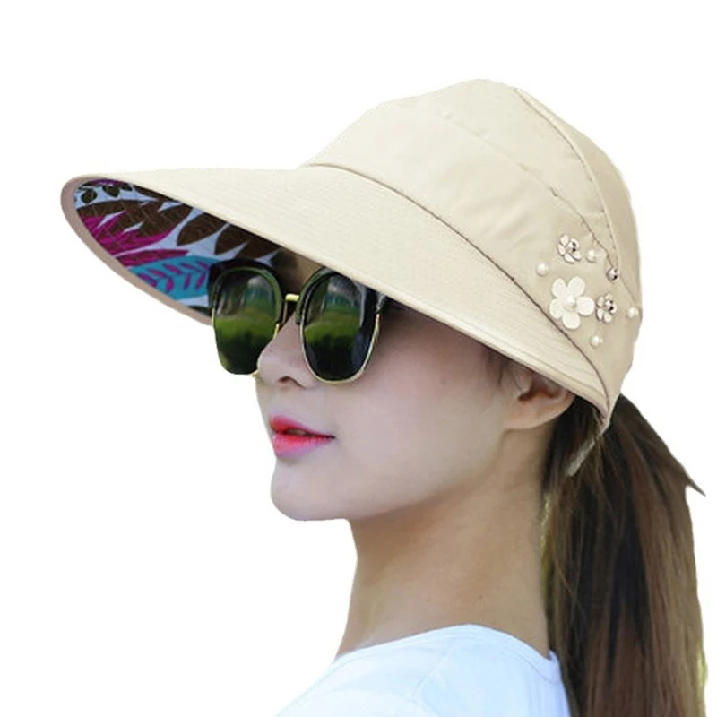 أزياء المرأة السيدات الصيف عطلة واسعة حافة طوي قبعة الشمس المضادة للأشعة فوق البنفسجية الشاطئ قبعات لا تغطي الرأس بالكامل القبعات غير رسمية تسلق الجبال وشاح