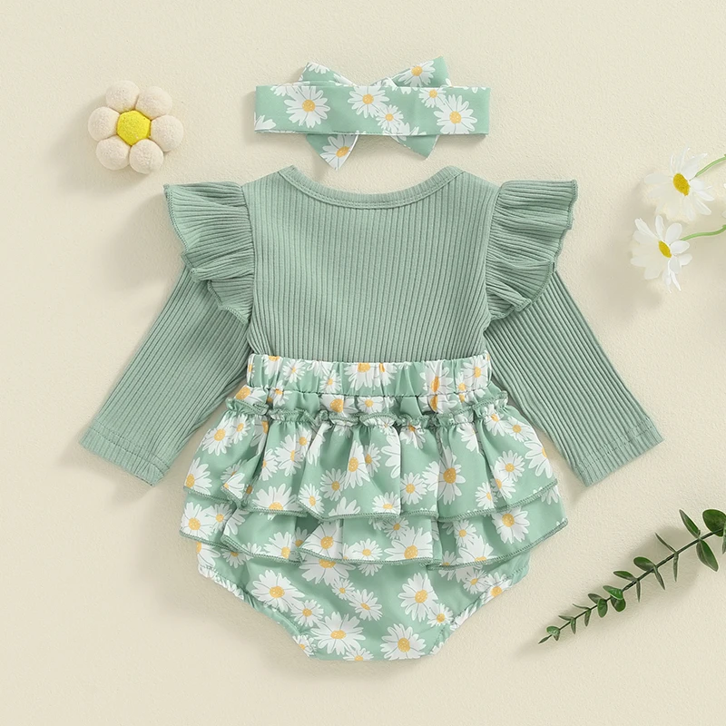 Newborn Baby Girl Clothes Infant Bow Ruffled Trim Ribbed Long Sleeve Floral Print Romper Bodysuit with Headband Fall Winter