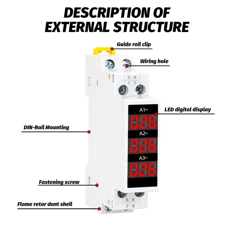 Din Rail Mount 3 Phase Ampere Meter Mini Modular Current Meter Gauge Indicator LED Digital Display Detector Ammeter