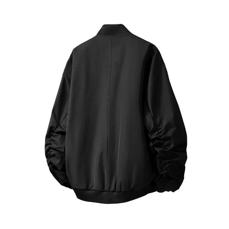 Men's Retro Solid Zipper Jackets 2025 Spring New Round Neck Loose Bomber Jacket Sleeve with Zip Design Male Street Outwear