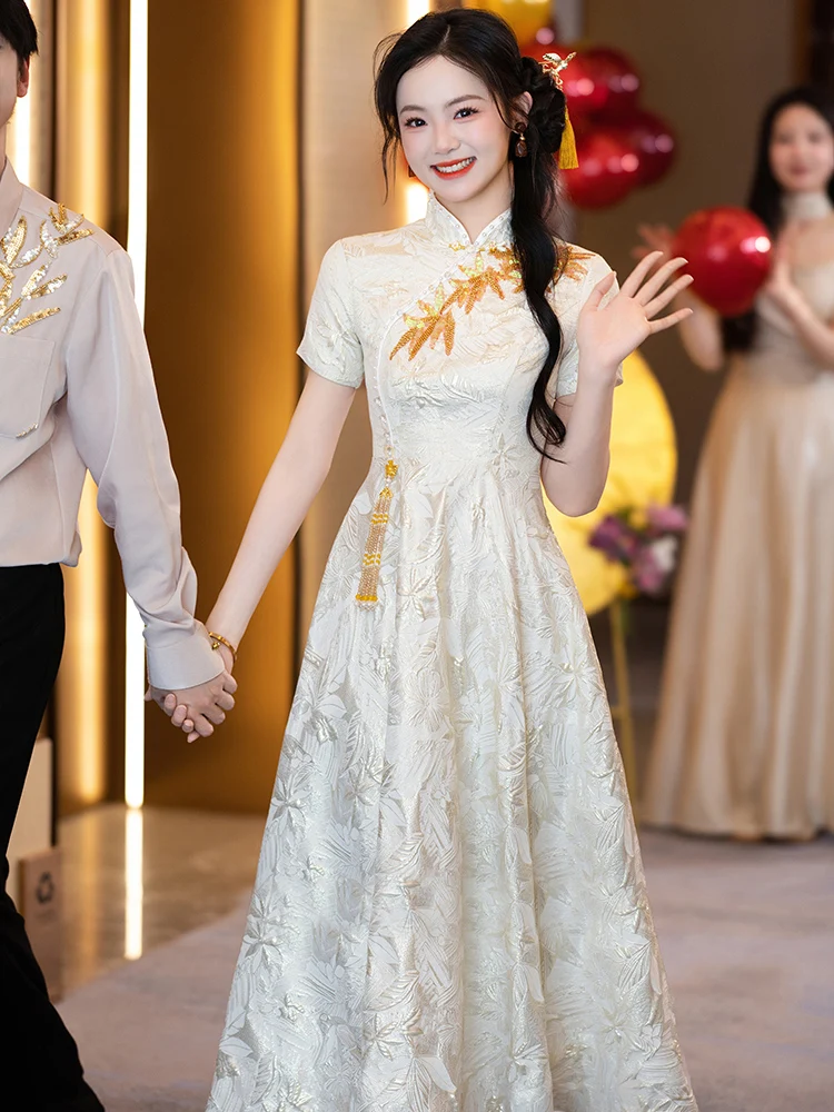 

Champagne Colored Materni Qipao Wedding Dr High Waist A-Line Skirt Cover Belly Registry Certifie Ceremony Return Home