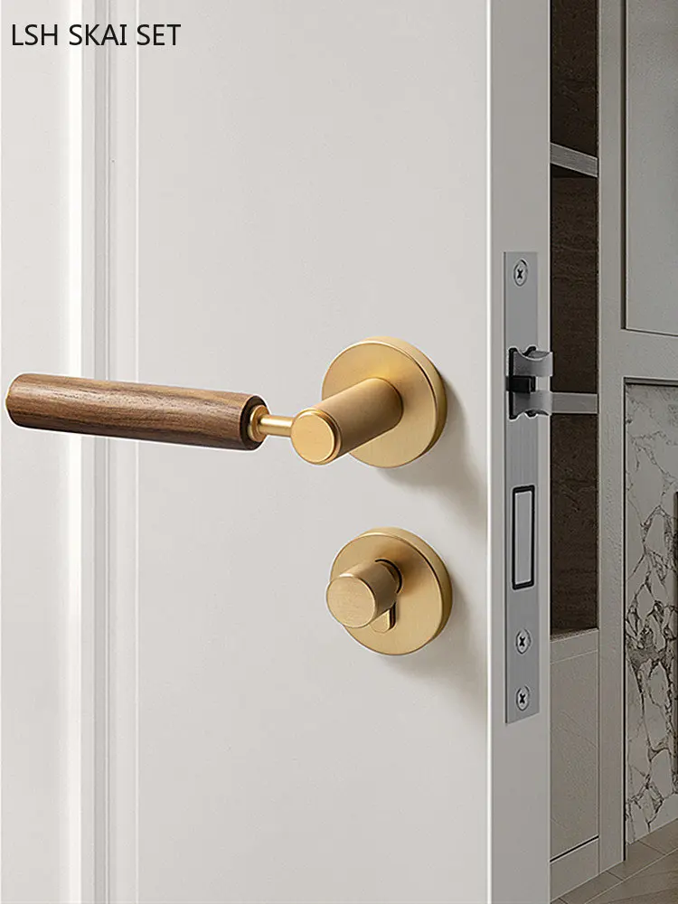 Walnut Handle Mute Lockset Indoor Bedroom Security Door Lock Solid Wood Door Magnetic Suction Locks Furniture Hardware Supplies