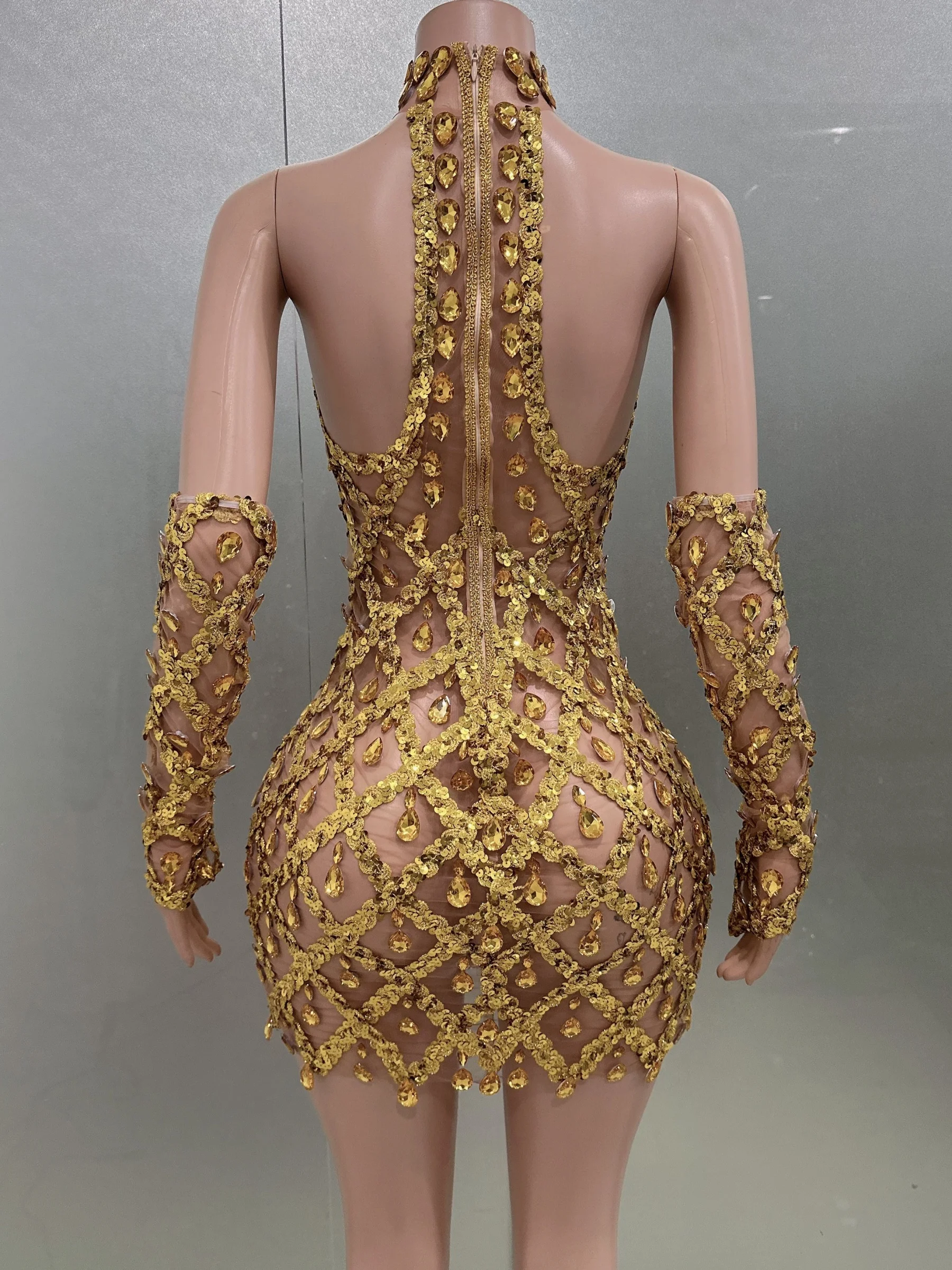 Sexy See-Through Backless Gold Rhinestones Gloves Sheath Dress Evening Party Performance Costume Bar Nightclub Singer Stage Wear