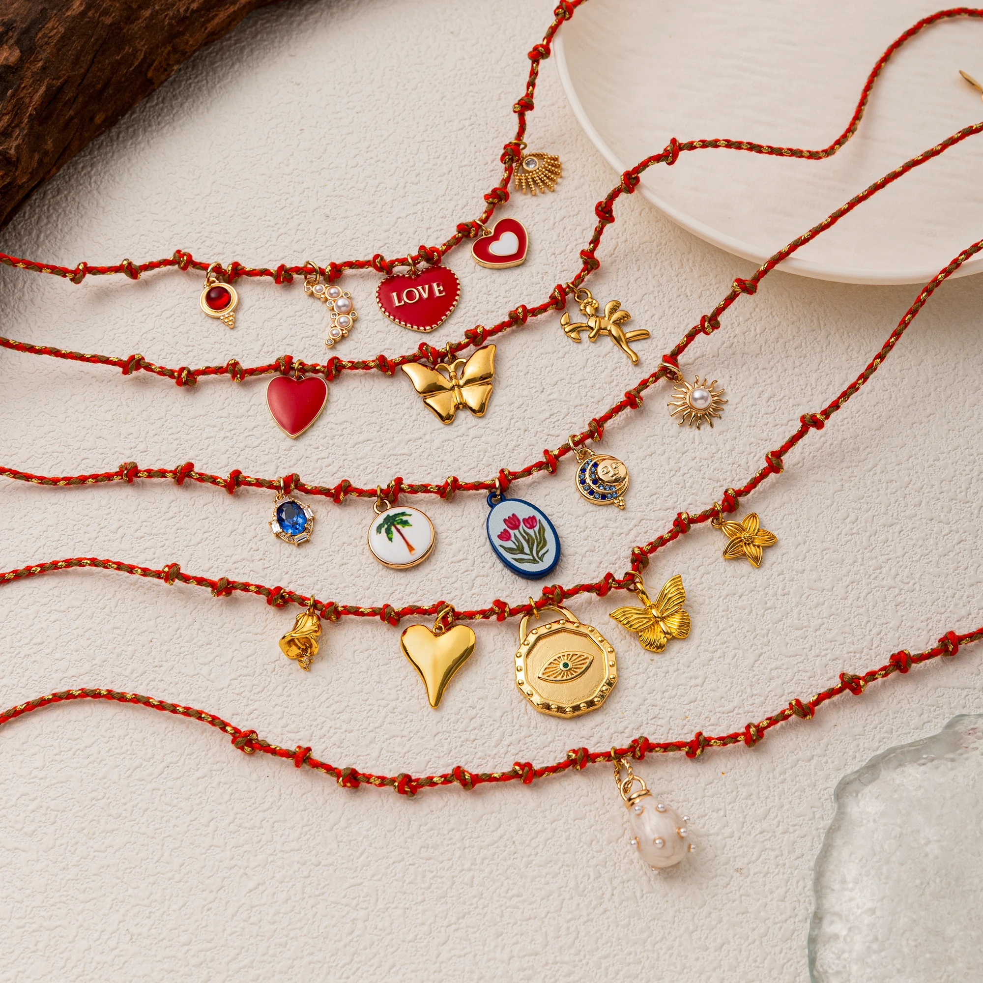 

Vintage Boho Pendant Necklace for Women, Red Rope Chain with Colorful Charms, Gold Plated Copper Jewelry