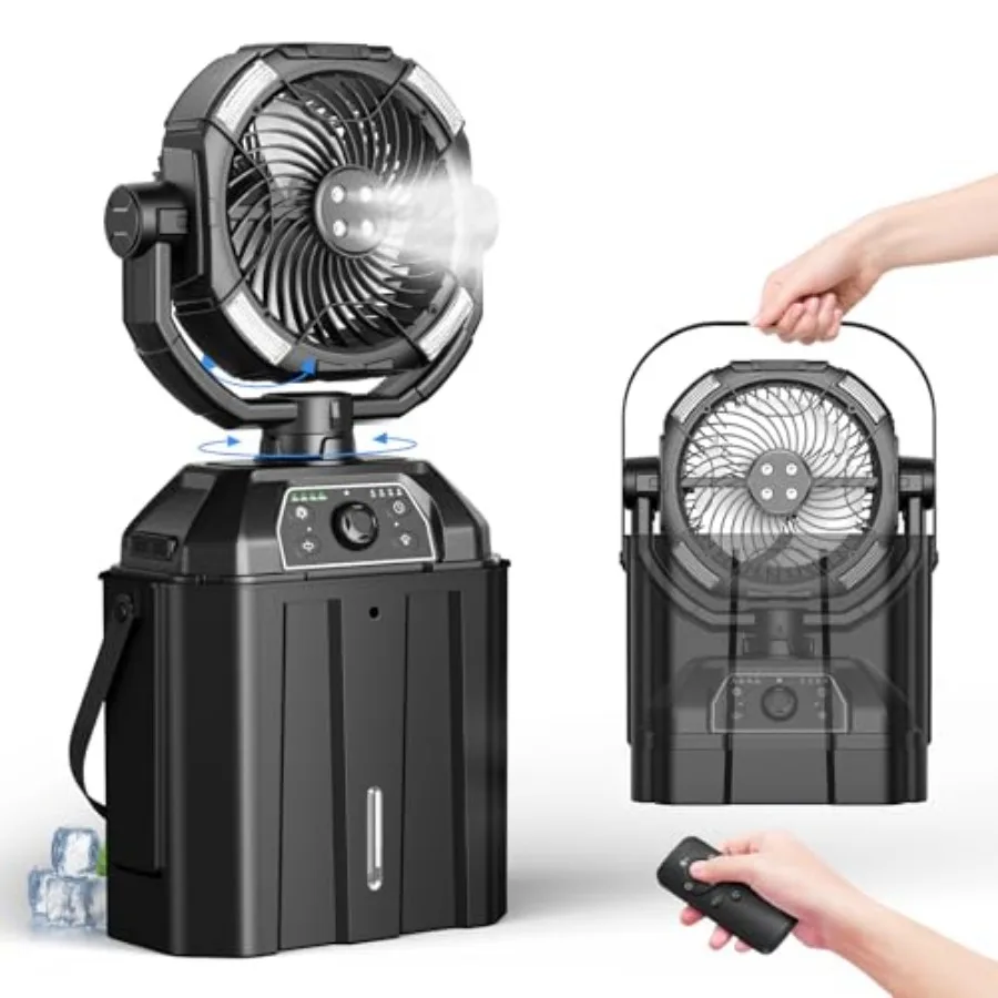 

Misting fan with 7L bucket 90°Oscillating, 4 Spray Mister 25000mAh Rechargeable Camping fan with Remote Control Stepless Speed