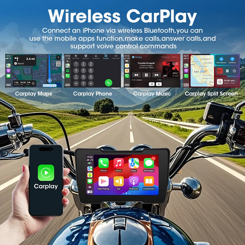 نظام تحديد المواقع المحمول 7 بوصة للدراجات النارية DVR Carplay يدعم Youtube Netflix Tiktok GooglePlay اللاسلكي Android Auto BT GPS Navigation