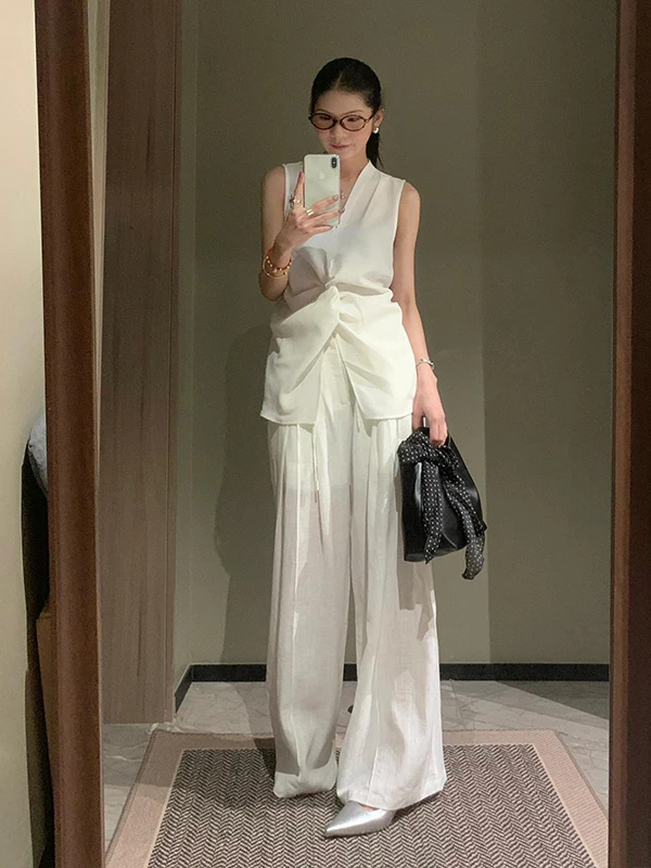 Fashionable Knot Neckline Sleeveless Women's Set Summer High-End Slimming Top Casual Wide Leg Pants Two-Piece Ensemble