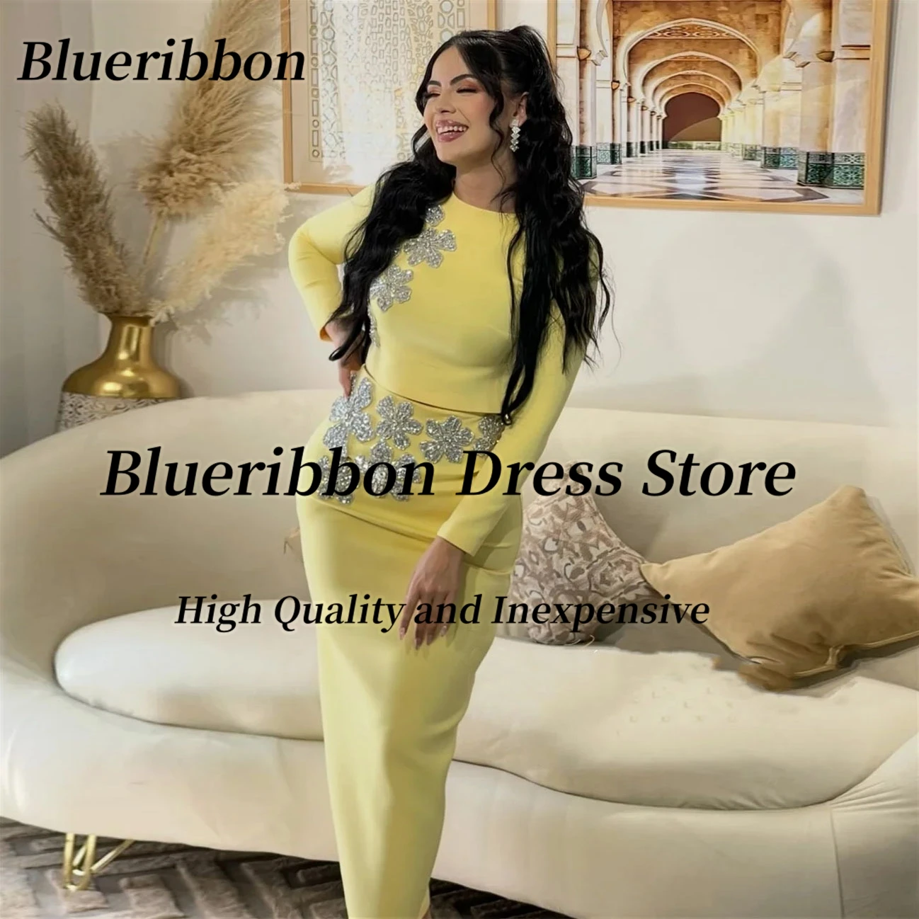

Вечерние платья Blueribbon из двух частей, с круглым вырезом, длинными рукавами, для женщин Саудовской Аравии, с бисером и цветами, нарядные вечерние платья, на заказ
